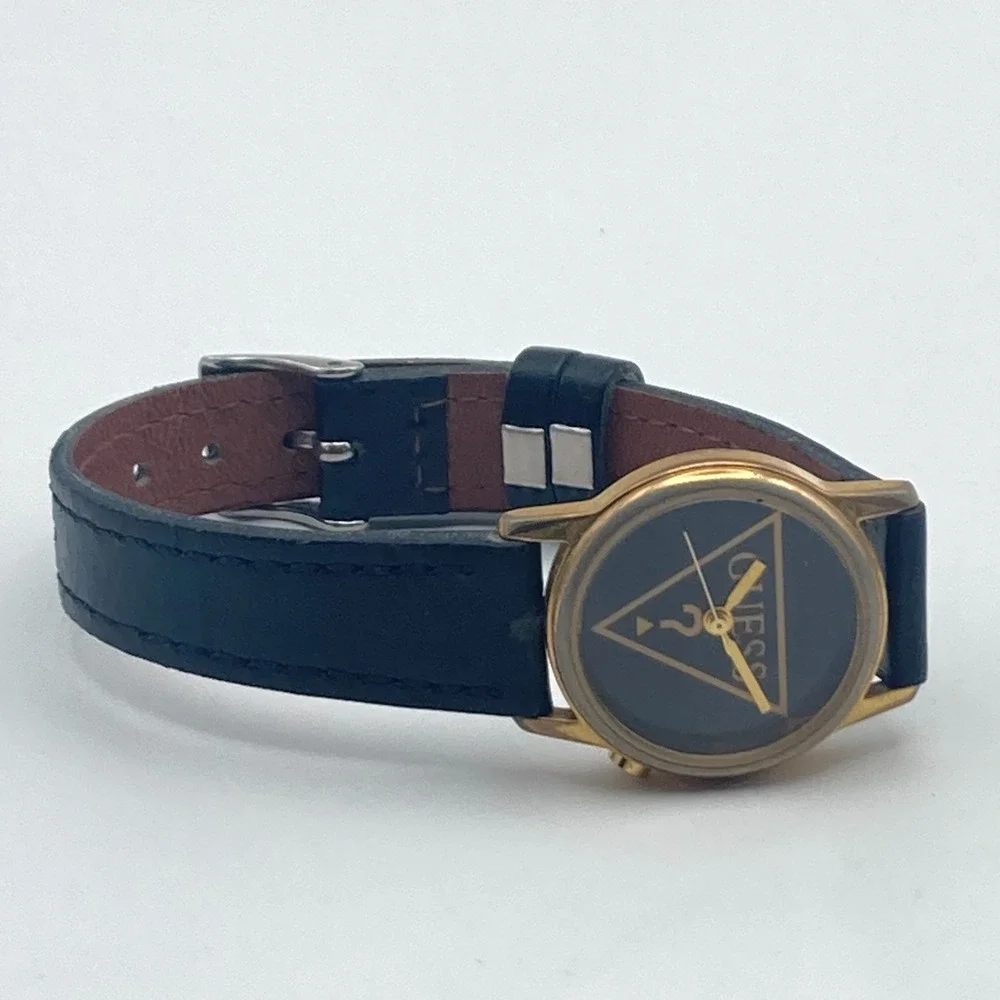 Vintage Guess Womens Watch 25mm Gold Tone Black Logo New Battery 7.75